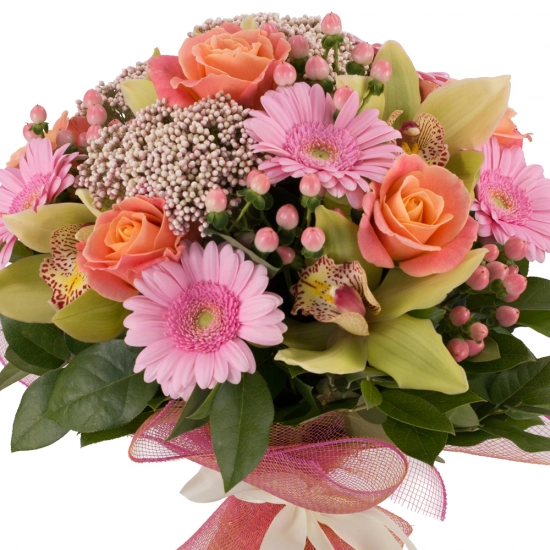 Buchet de Trandafiri, Portocalii, Hypericum, Floare de orez, Gerbera, Cymbidium, Verde, Orhidee, Roz