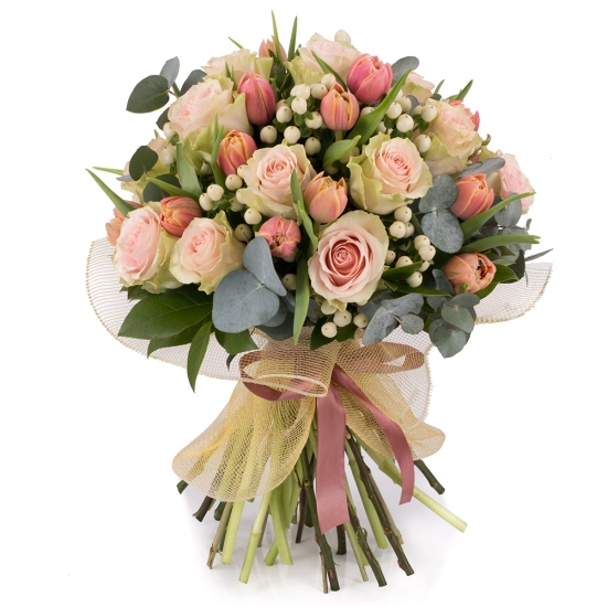 Buchet din 15, Trandafiri, Roz, Trandafir, 20, Lalele, Lalea, 10, Hypericum, Alb, Verdeață