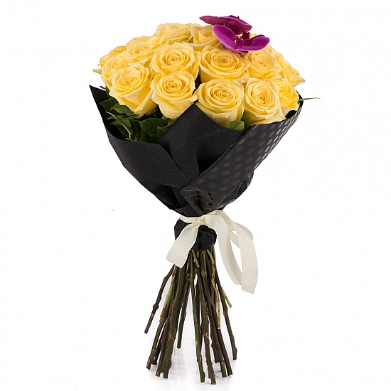 Buchet din 25, Trandafiri, Galbeni, Phalaenopsis, Mov