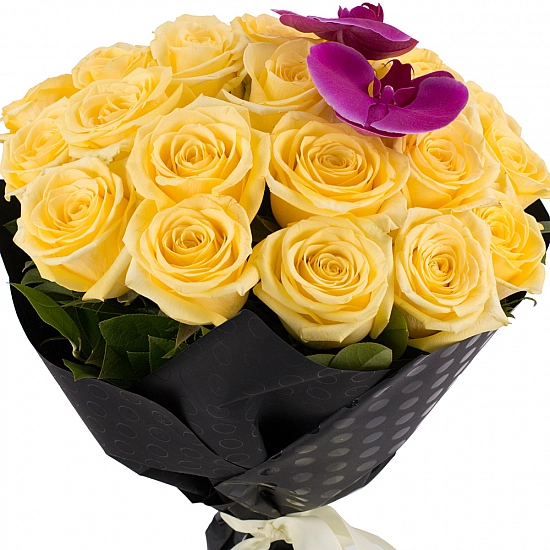 Buchet din 25, Trandafiri, Galbeni, Phalaenopsis, Mov