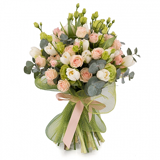 Buchet din 7, Minirosa, Roz, 20, Lalele, Albe, Lalea, 7, Lisianthus, Verde, Verdeață