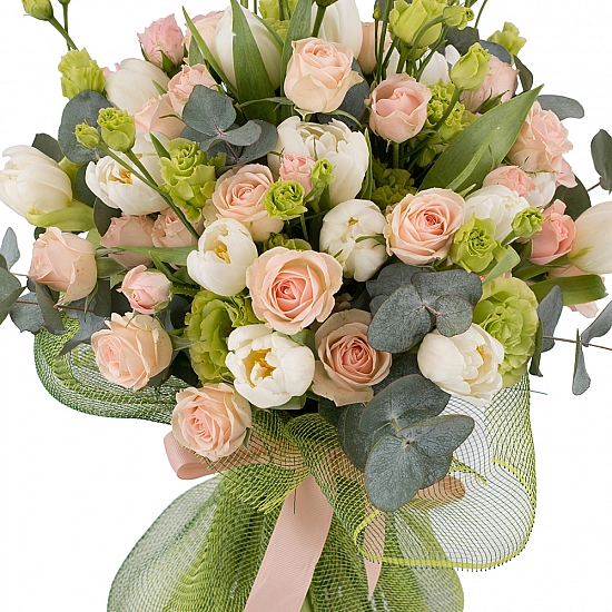 Buchet din 7, Minirosa, Roz, 20, Lalele, Albe, Lalea, 7, Lisianthus, Verde, Verdeață
