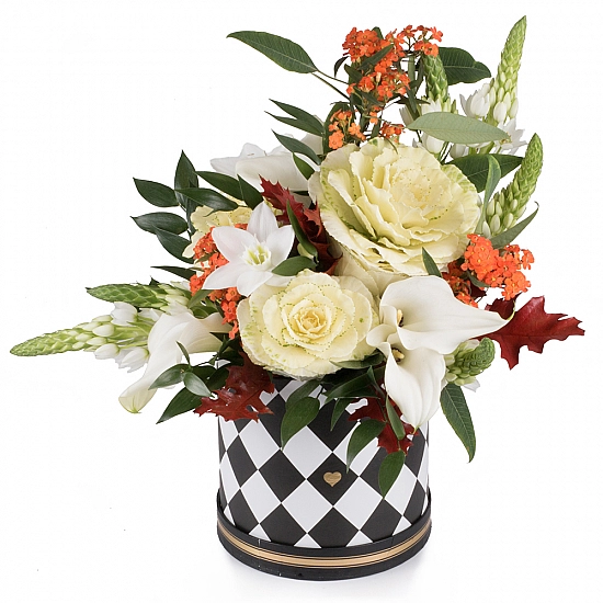 Buchet din Brasica, Euphorbia portocalie, Ornitogalum, Cale, Cală, Eucharis, Grandiflora, Verdeață