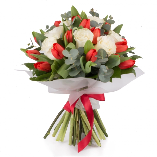 Buchet din, Lalele, Lalea, Roșii, Roşu, Trandafiri, Albi, Verdeață