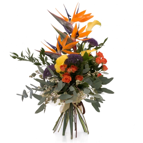 Buchet din Streliția, Strelitzia, Trahelium Mov, Cale galbene, Cală, Minirosa portocalie, Portocaliu