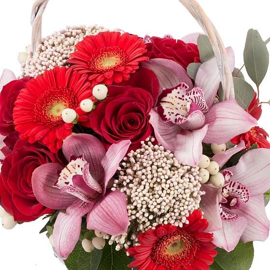 Buchet din Trandafiri, Roșii, Gerbera, Floare de orez, Hypericum, Cymbidium, Orhidee, Verdeață, Coș