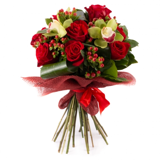 Buchet din trandafiri roșii și orhidee Cymbidium