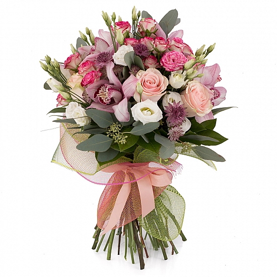 Buchet din Trandafiri roz, Minirosa, Ciclam, Lisianthus, Astrantia, Cymbidium, Orhidee, Verdeață