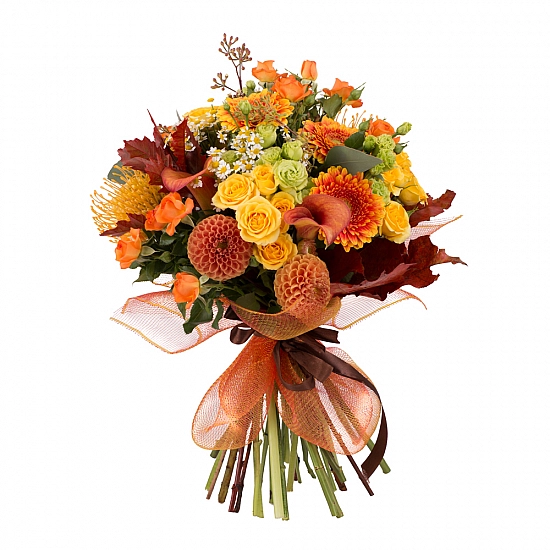 Buchet Minirosa, Gerbera, Minirosa, Cale, Cală, Lisianthus, Dalii, Dalie, Mușețel, Frunze de arțar
