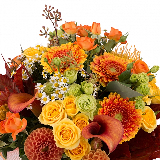 Buchet Minirosa, Gerbera, Minirosa, Cale, Cală, Lisianthus, Dalii, Dalie, Mușețel, Frunze de arțar