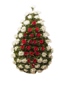 Coroana funerara din crizantema alba si trandafiri rosii in centru 2