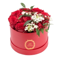 Aranjament de 13, Trandafiri, Roșii, Roșu, Roșie, 2, Ornitogalum, 1, Euphorbia, Albă, Cutie, Rotundă 2