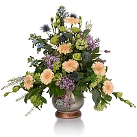 Aranjament de Gerbera, Liliac, Lisianthus, Viburnum, Oxypetalum, Eryngium, Verdeață, Vas, Ceramic 2