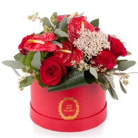 Aranjament de Trandafiri, Anthurium, Green trick, Floare de orez, Verdeață, Cutie, Rotundă, Roșie 2