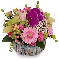 Aranjament din Gerbera, Cymbidium, Orhidee, Floare de orez, Lisianthus, Minirosa, Ciclam, Hypericum 2