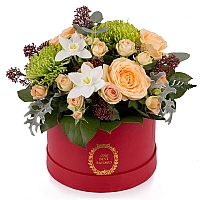 Aranjament din trandafiri, miniroze, crizanteme, eucharis grandiflora, schimia, cutie, rosie 2
