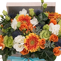 Aranjament Gerbera, Frezii, Albe, Frezie, Eryngium, Lisianthus, Verde, Verzi, Minirosa, Cutie 3