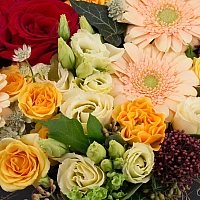 Aranjament Trandafiri, Gerbera, Lisianthus, Schimia, Viburnum, Minirosa, Astrantia, Tilandsia, Cutie 4