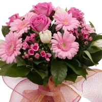 Buchet 5, Trandafiri, Roz, Trandafir, 7, Gerbera, 5, Bouvardia, 10, Lalele, Albe, Lalea, Verdeață 3