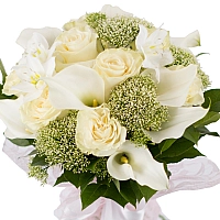 Buchet de 11, Trandafiri, Albi, 10, Cale, Albe. Cală, 2, Eucharis, Grandiflora, Verdeață 3