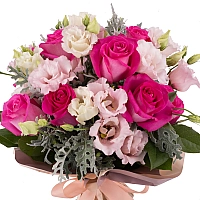 Buchet de 11, Trandafiri, Ciclam, 7, Lisianthus, Roz, Senecio, Cineraria, Verdeață 3