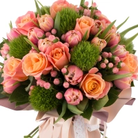 Buchet de 11, Trandafiri, Roz, 20, Lalele, Roz, Lalea, 6, Hypericum, Roz, 6, Green trick, Verdeață 3