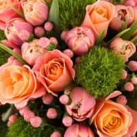 Buchet de 11, Trandafiri, Roz, 20, Lalele, Roz, Lalea, 6, Hypericum, Roz, 6, Green trick, Verdeață 4