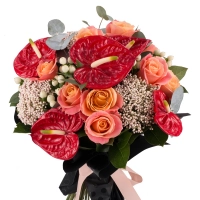 Buchet de 11, Trandafiri, Roz, 5, Anthurium, Roșii, Roșu, 4, Floare de orez, 6, Hypericum, Alb 3