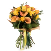 Buchet de 13, Trandafiri, Galbeni, 9, Cale, Pportocalii, Cală, Portocaliu, 3 Craspedia, Verdeață 2