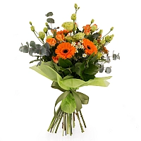 Buchet de 3, Lisianthus, Verde, 5, Gerbera, Portocalie, Portocaliu, 5, Minirosa, Portocalie, Musețel 2