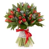 Buchet de 49, Lalele, Roșii, Lalea, Roșie, Roșu, Eucalypt 2
