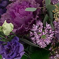 Buchet de 5, Liliac, Mov, 5, Lisianthus, Mov, 3, Brasica, Mov, Verdeață 4