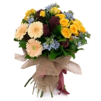 Buchet de 5, Minirosa, Galbenă, 5, Schimia, 3, Gerbera, Crem, 8, Oxypetalum, Verdeață 2