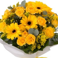 Buchet de 5, Trandafiri, Galbeni, 5, Minirosa, Galbenă, 5, Gerbera, Galbenă, 5, Solidago, Verdeață 3