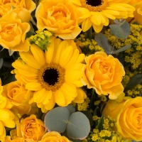 Buchet de 5, Trandafiri, Galbeni, 5, Minirosa, Galbenă, 5, Gerbera, Galbenă, 5, Solidago, Verdeață 4