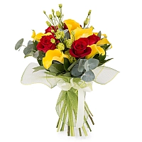 Buchet de 5, Trandafiri, Roșii, Roșu, 9, Cale, Galbene, 3, Lisianthus, Verde, Verzi, Verdeață 2