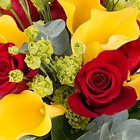 Buchet de 5, Trandafiri, Roșii, Roșu, 9, Cale, Galbene, 3, Lisianthus, Verde, Verzi, Verdeață 4