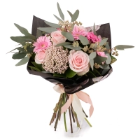 Buchet de 5, Trandafiri, Roz, 3, Bouvardia, 5, Gerbera, 2, Floare de orez, Verdeață 2