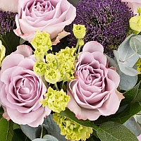 Buchet de 7, Trandafiri, Mov, 5, Lisianthus, Verde, Verzi, 5, Trahelium, Mov, Verdeață 4