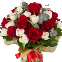 Buchet de 9, Trandafiri, Roșii, Roșu, 20, Lalele, Albe, Lalea, Verdeață 3
