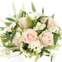 Buchet de 9, Trandafiri, Roz, 8, Frezii, Albe, Frezie, 6, Euphorbia, Albă, Verdeață 3