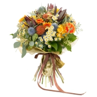 Buchet de Leucadendron, Dalii, Dalie, Gerbera, Minirose, Galbene, Minirosa, Eringium, Mușețel, Verde 2