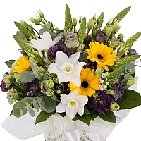 Buchet de Ornitogalum, Lisanthus, Mov, Trahelium, Gerbera, Galbenă, Eucharis, Grandiflora, Verdeață 3