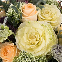 Buchet de Trandafiri, Banan, Lisianthus, Mov, Brasica, Minirosa, Trahelium, Waxflower, Roz, Verdeață 4