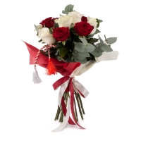 Buchet de Trandafiri Mărțișor, 6 Trandafiri albi, 5 Trandafiri roșii, Verdeață 4