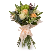 Buchet de Trandafiri, Peach, Ornitogalum, Alb, Schimia, Crizanteme, Green spider, Verdeață 2