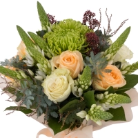 Buchet de Trandafiri, Peach, Ornitogalum, Alb, Schimia, Crizanteme, Green spider, Verdeață 3