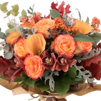 Buchet de Trandafiri, Portocalii, Cale, Cymbidium, Orhidee, Euphorbia, Viburnum, Blue, Muffin, Verde 3