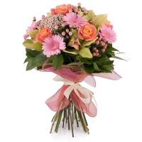 Buchet de Trandafiri, Portocalii, Hypericum, Floare de orez, Gerbera, Cymbidium, Verde, Orhidee, Roz 2
