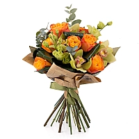 Buchet de Trandafiri, Portocalii, Portocaliu, Lisianthus, Verde, Cymbidium, Orhidee, Aspidistra 2